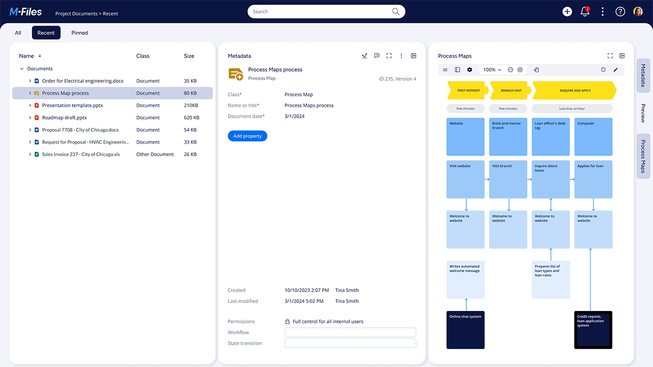 M-Files dashboard, dispalying recent documents, metadata, and various process maps