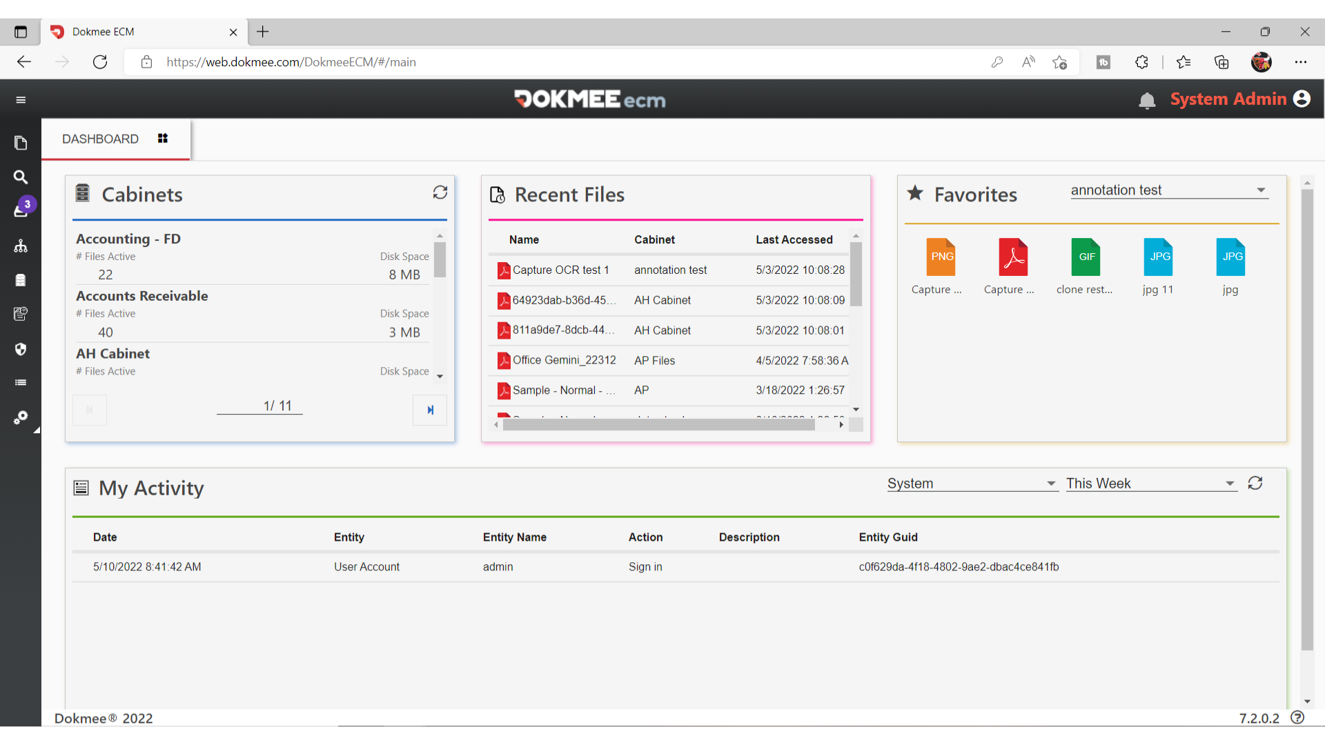 Sistema de gerenciamento de conteúdo empresarial do Dokmee, exibindo notificações do usuário, arquivos recentes, pastas e favoritos
