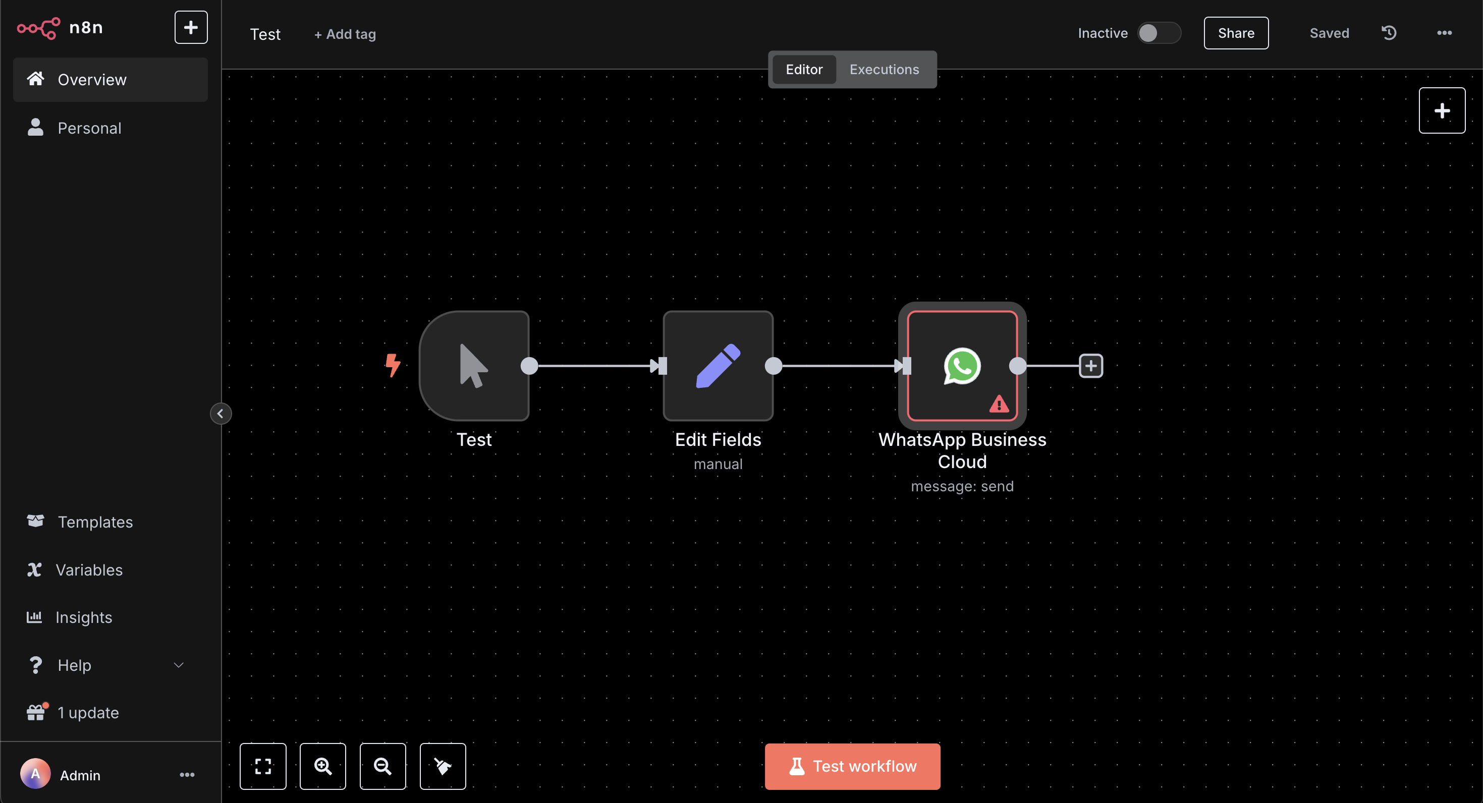 n8n's dashboard, displaying a whatsapp trigger automation