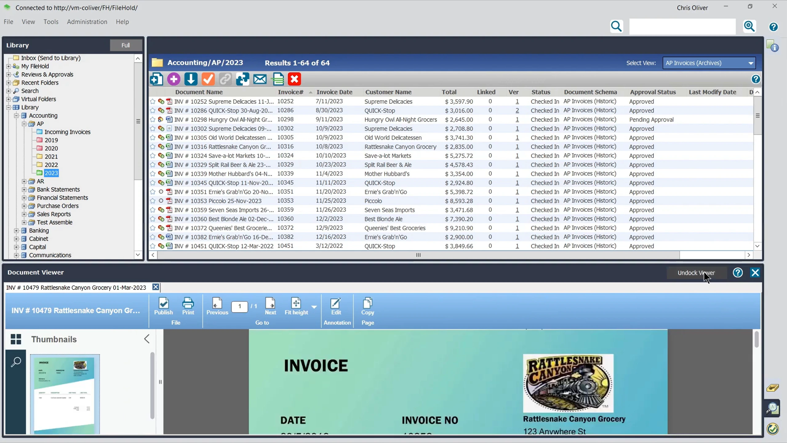 Filehold review: Filehold's document management system, featuring a list of organized files and the file view panel