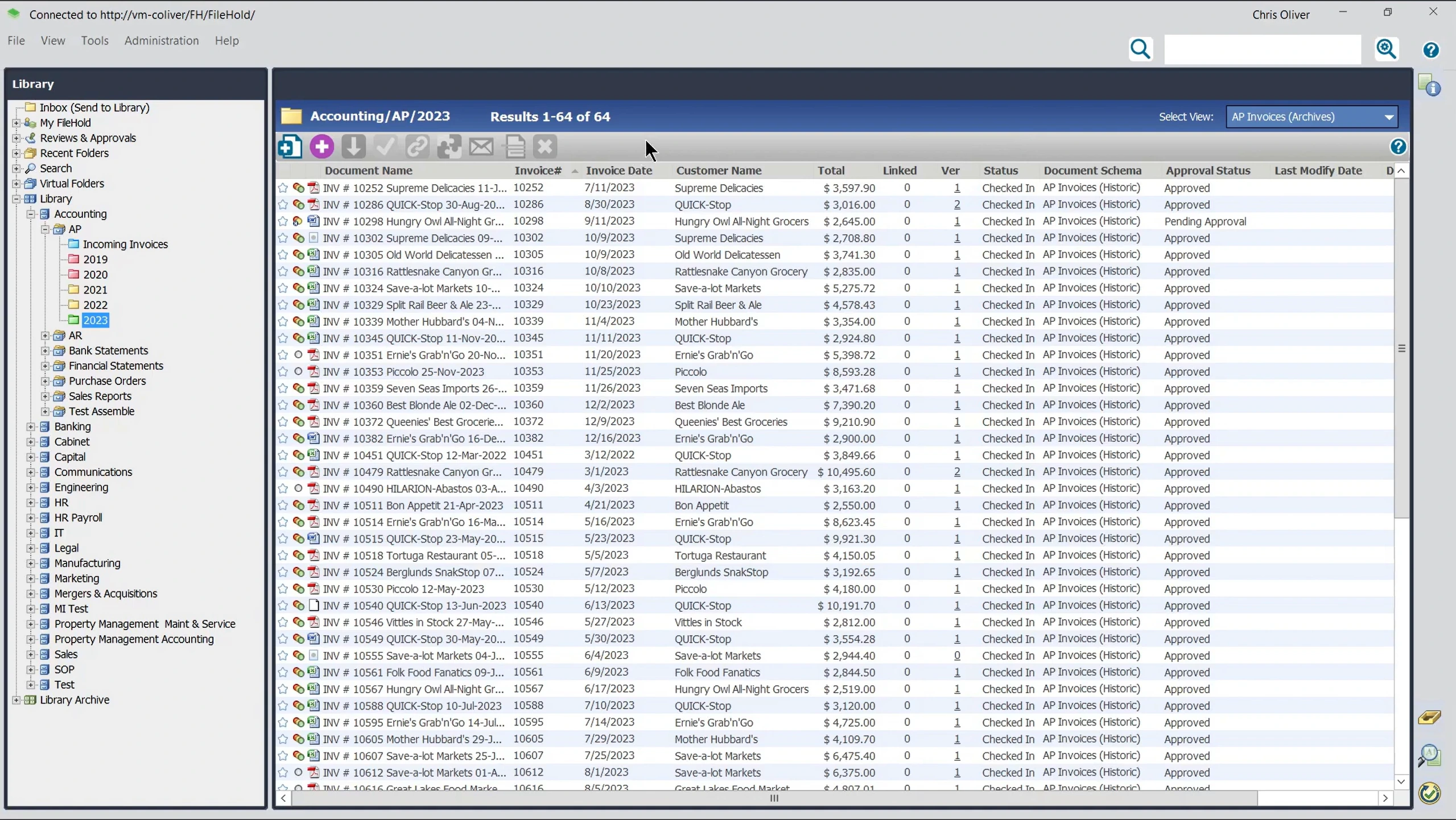 Filehold's document storage, featuring a list of files organized by cabinets and folders