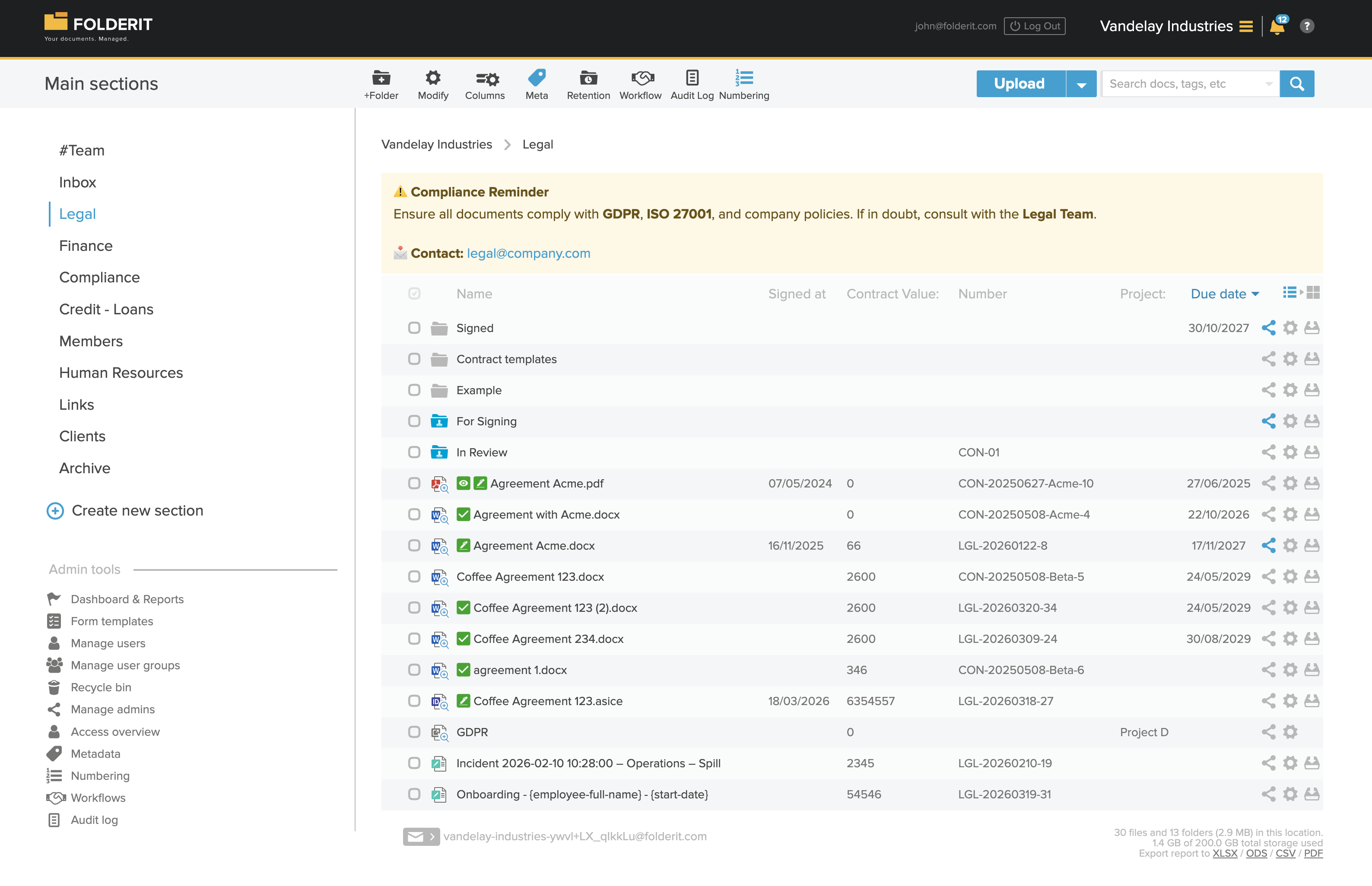 FolderIt review: FolderIt's legal dashboard, featuring a compliance reminder as well as a list of compliance- and legal-related documents