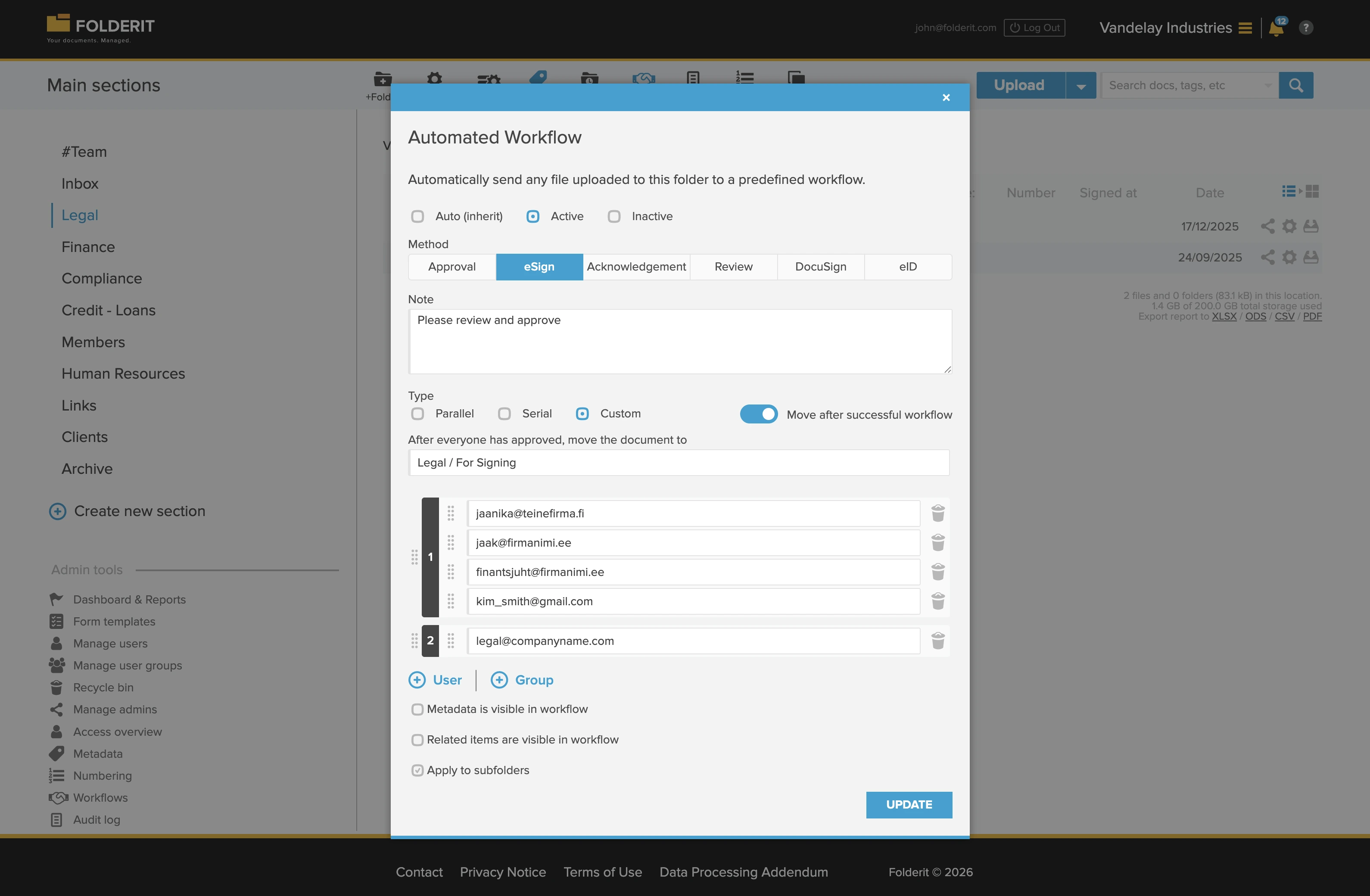 FolderIt's approval workflow feature, displaying a panel for automating workflows