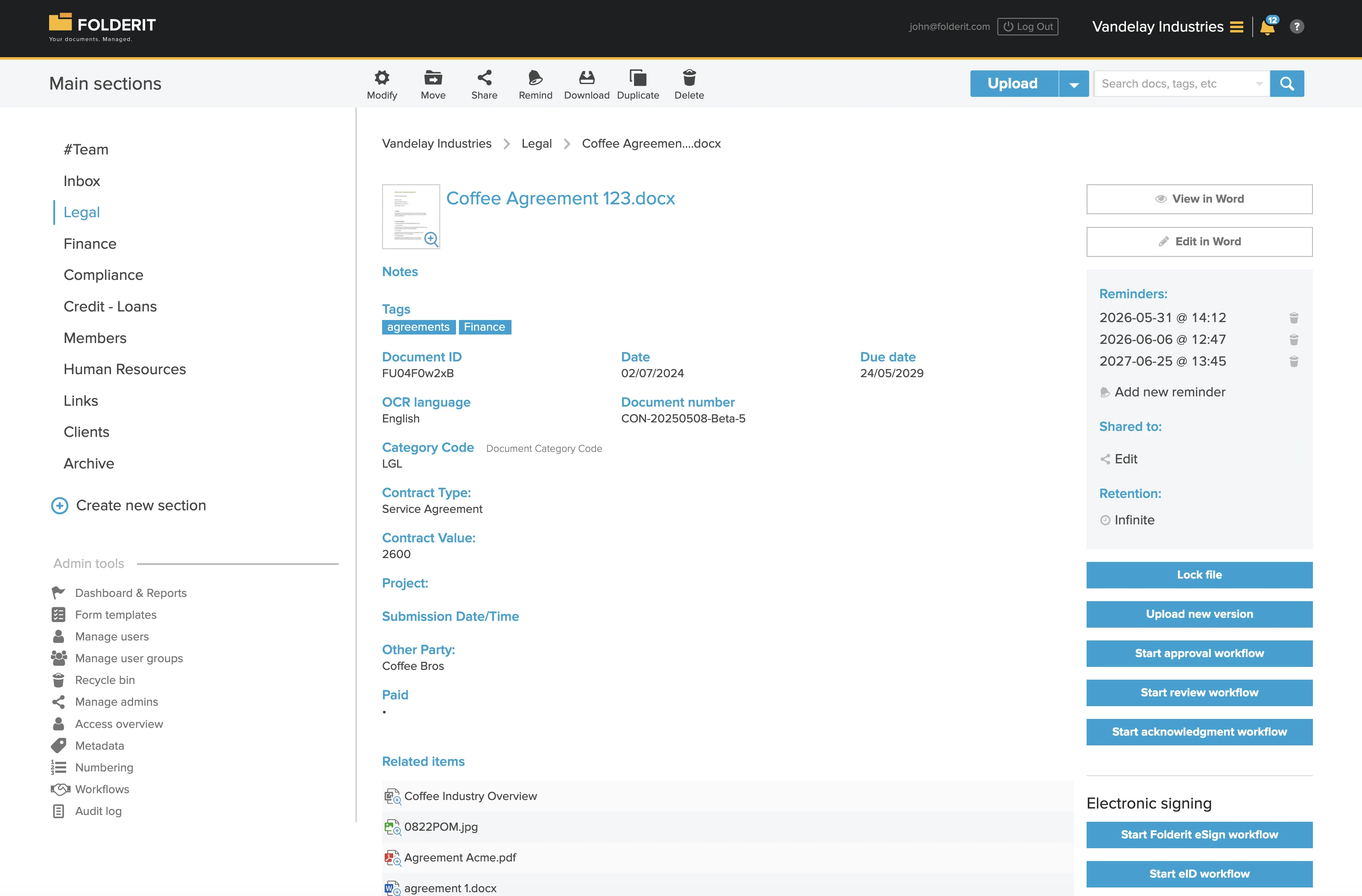 FolderIt's audit and compliance features, displaying detailed information about a document, including ID, recent edits, and sharing options