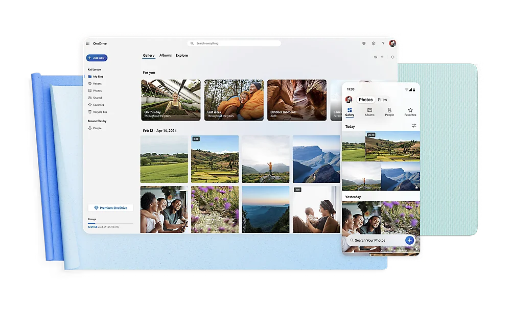 SharePoint vs OneDrive: OneDrive's home dashboard, featuring a user's gallery and a mobile view