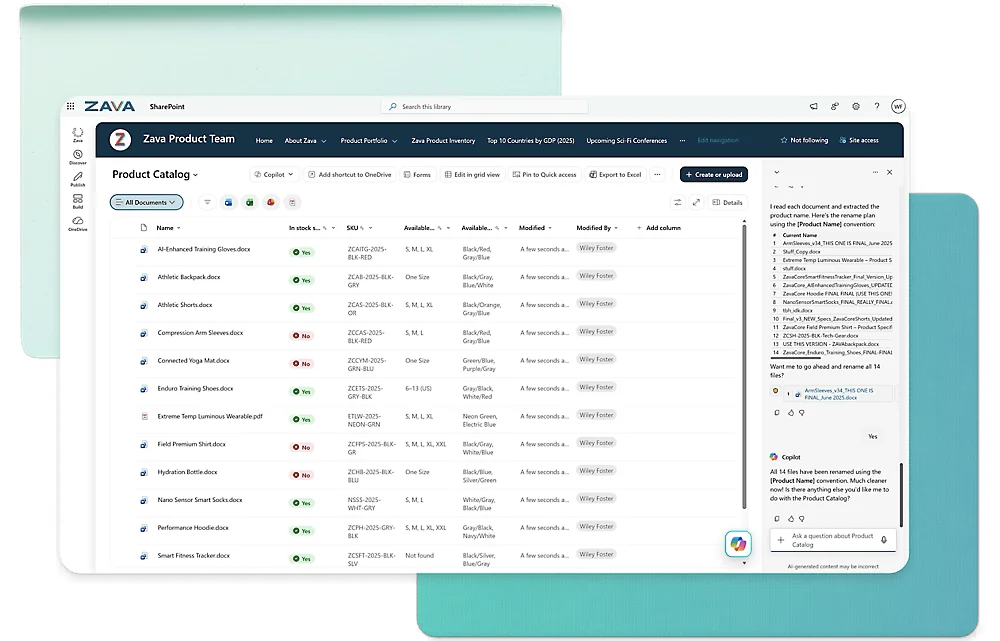 Microsoft SharePoint's document management feature, displaying a company's product catalog and list of product-related documents