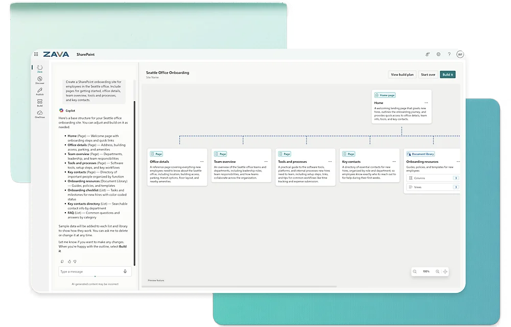 SharePoint's AI CoPilot assisting the user with their onboardinn site's document structure