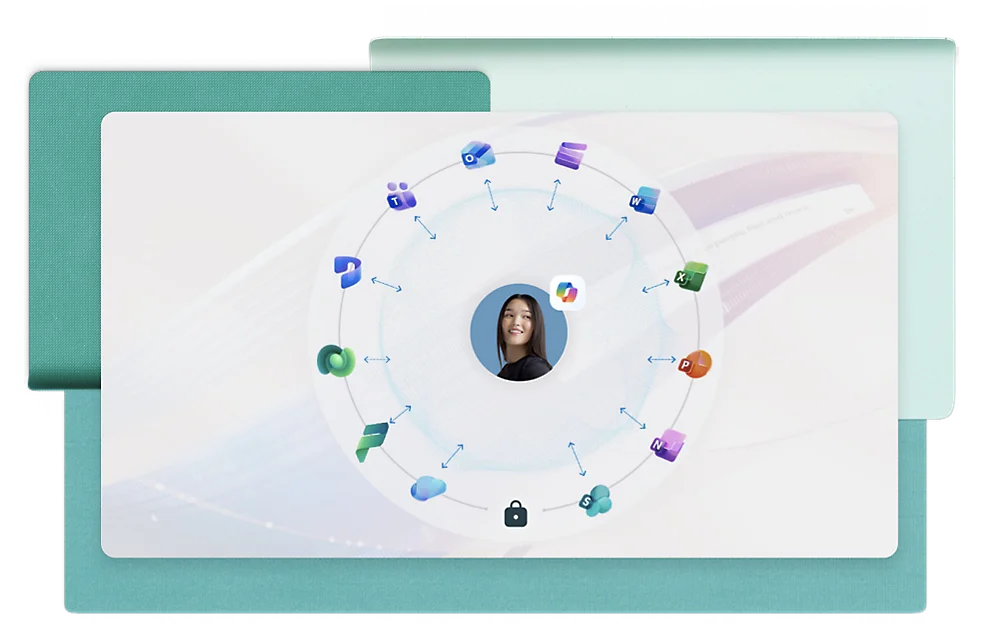 Microsoft SharePoint Review: SharePoint's banner, featuring a user connected to various MS apps