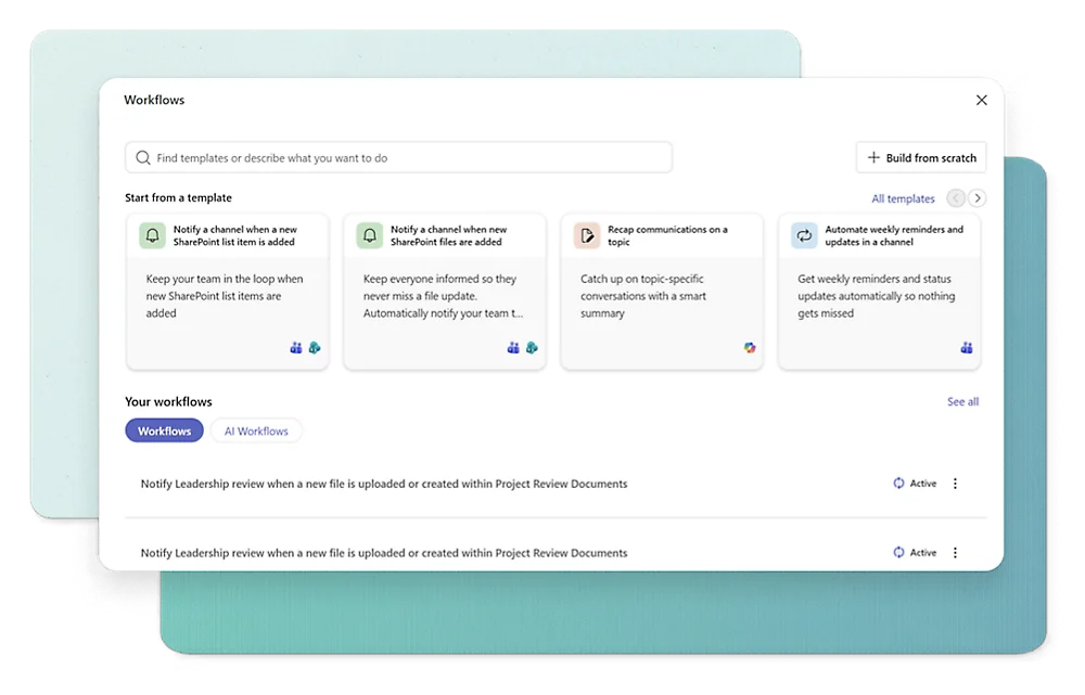 Microsoft SharePoint's workflow builder, featuring a list of ready-to-use templates and a list of user workflows