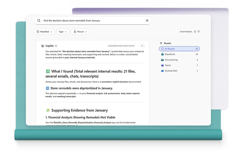 Microsoft SharePoint's AI features, demonstrating CoPilot's AI search assistance