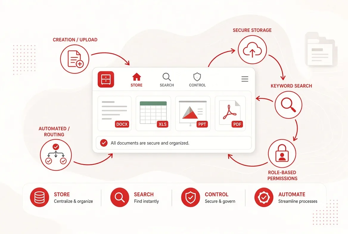 An infographic demonstrating the benefits of a paperless office: seamless document storage, search, control, and automation