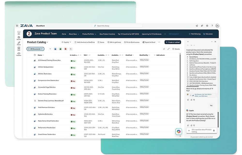 An illustration of Microsoft SharePoint's DMS, featuring a list of documents by Zava's product team