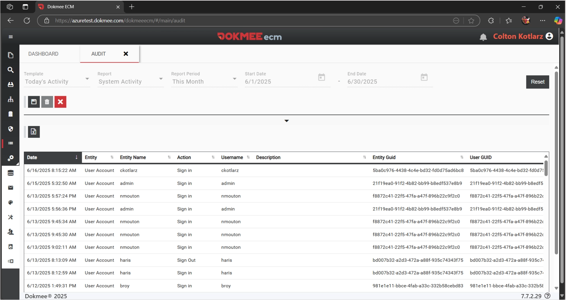 Dokmee ECM dashboard, displaying an audit trail