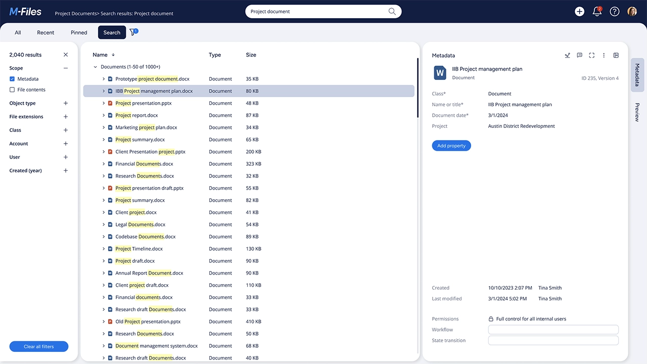 M-Files DMS, displaying a list of documents being searched by a keyword