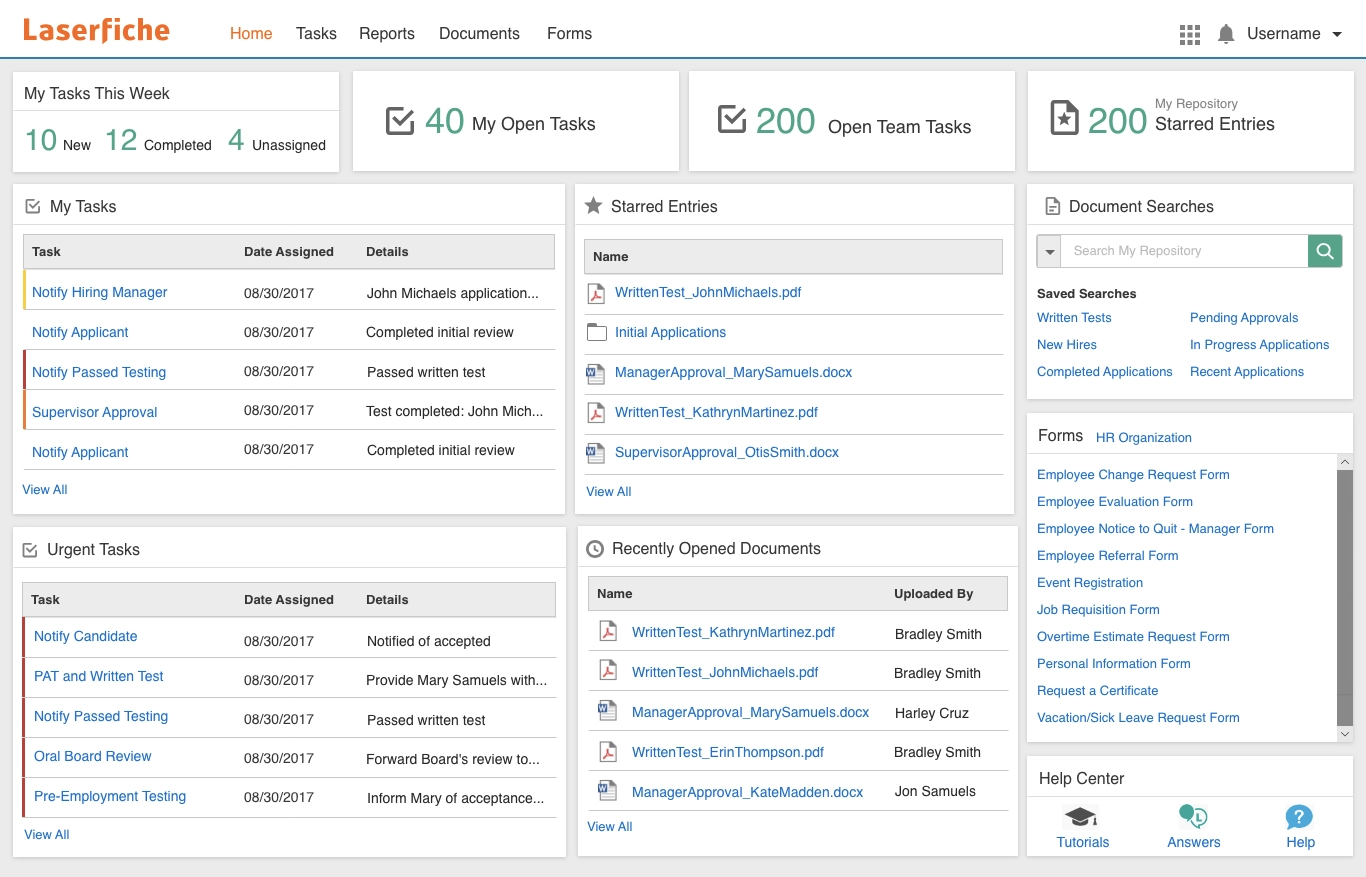 Laserfiche DMS' home page, displaying the user's tasks, starred entries, urgent tasks, document searches, and more metrics