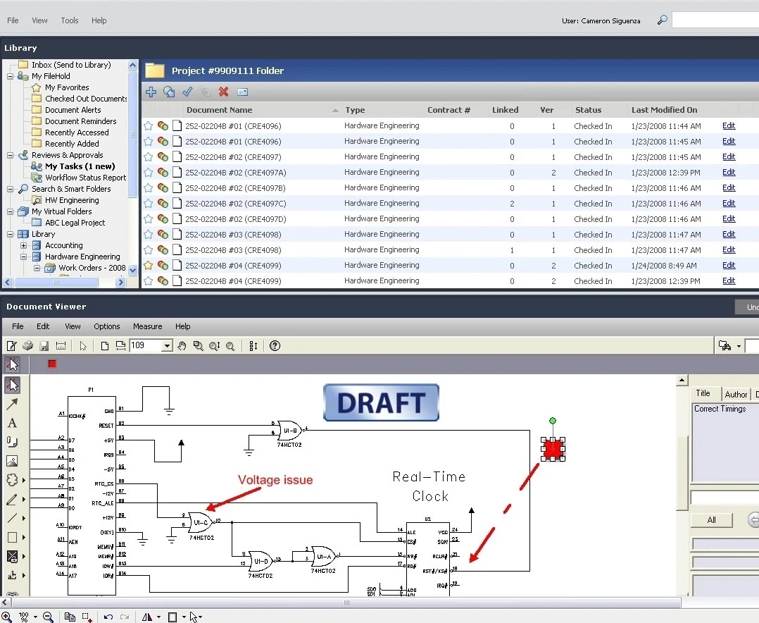 FileHold DMS' folder and document viewer pane, displaying a list of documents and an open file