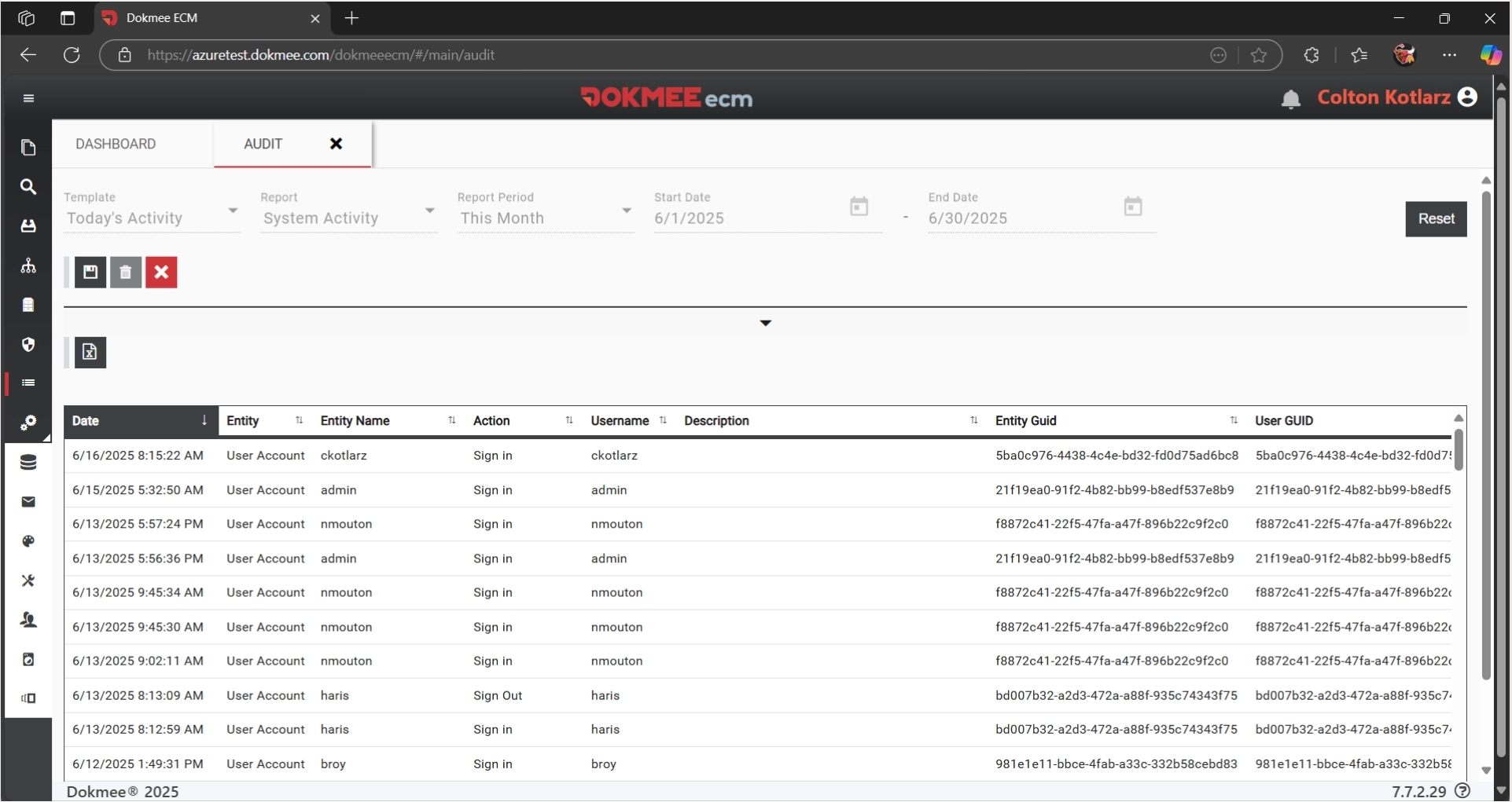 Dokmee ECM, one of the FileHold alternatives, open on the user's browser and displaying an audit trail