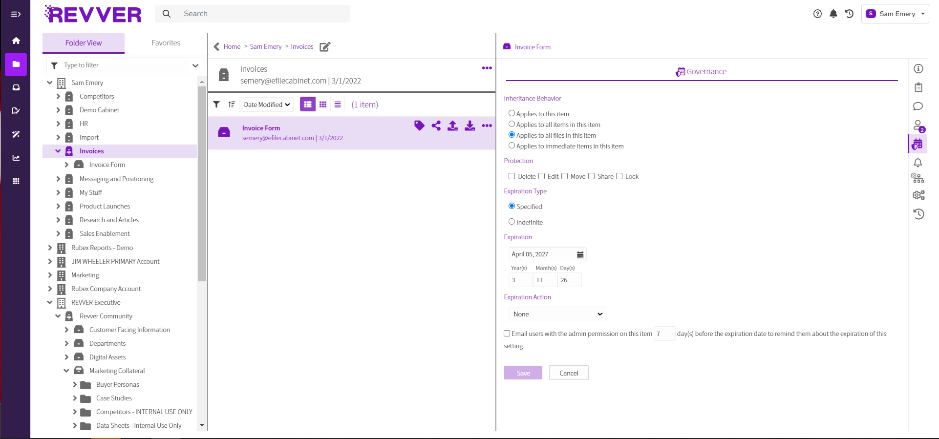 Revver DMS' dashboard, featuring governance details relating to an invoice form