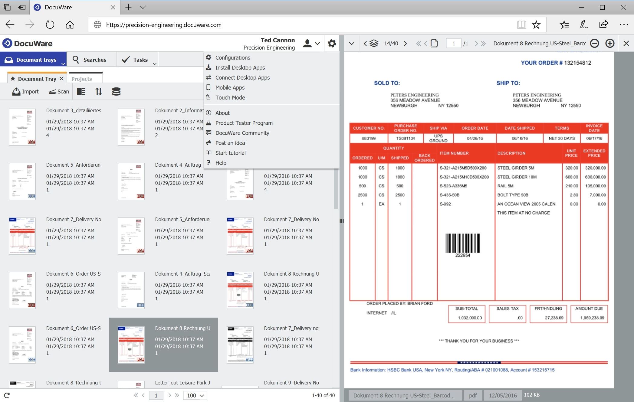 An open DocuWare DMS document tray, featuring a list of documents and a side panel displaying the contents of one