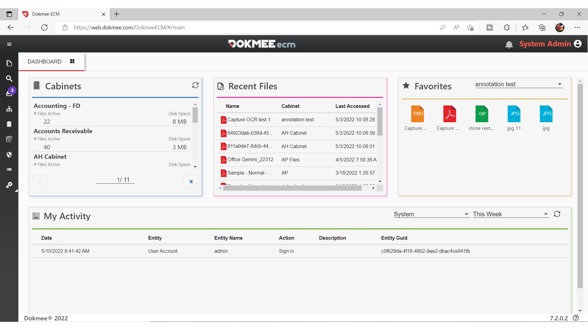 Dokmee ECM's homepage, featuring file cabinets, user recent files, favorites, and recent activity