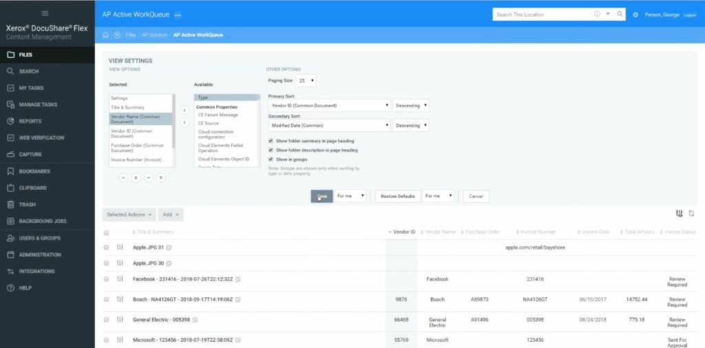 DocuShare's files tab, displaying viewing options and a list of documents underneath