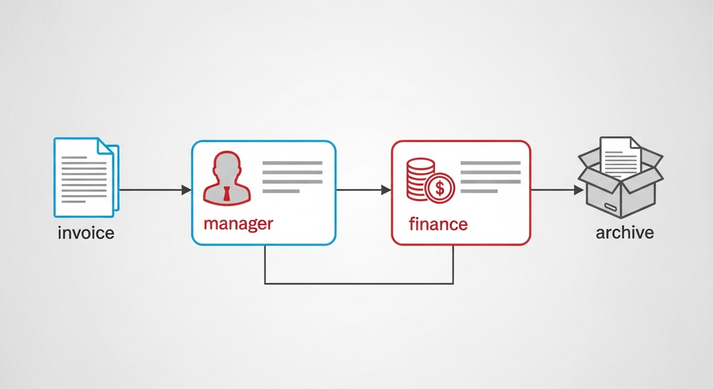 Diagrama de flujo que ilustra la automatización de flujos de trabajo de DocuShare aplicados a la aprobación de facturas, desde la revisión del gerente hasta finanzas y el archivado final. (Fuente: Imagen 4)
