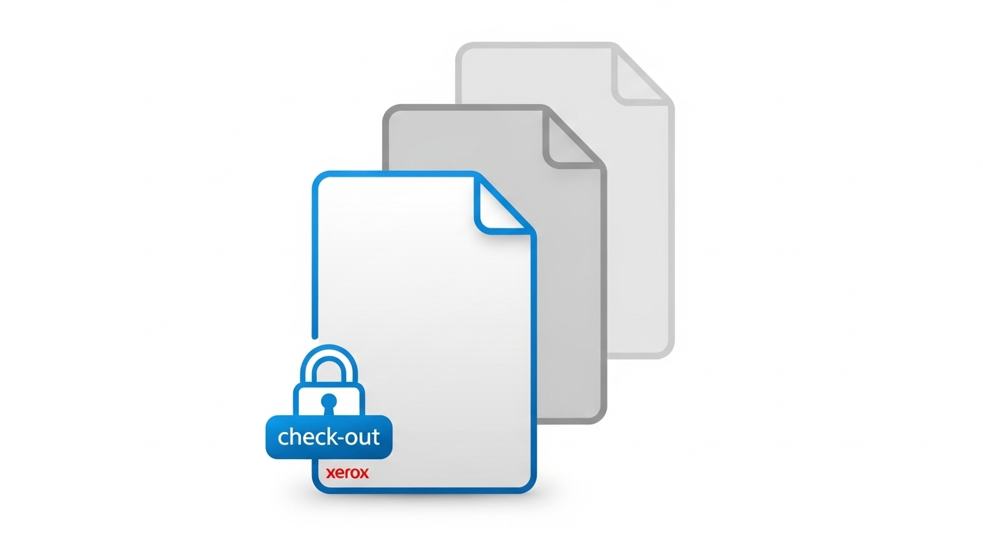 Ilustración minimalista del control de versiones de DocuShare, con un documento bloqueado en primer plano y sus versiones anteriores difuminadas detrás para garantizar el seguimiento seguro. (Fuente: Imagen 4)