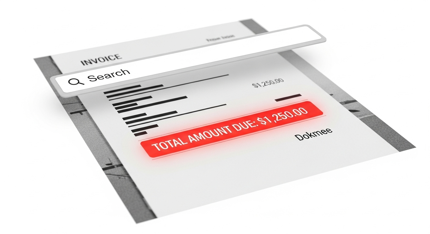 Um gráfico demonstrando o recurso de busca por OCR em um DMS para contadores, encontrando instantaneamente texto específico dentro de um documento digitalizado. (Fonte: Imagen 4)