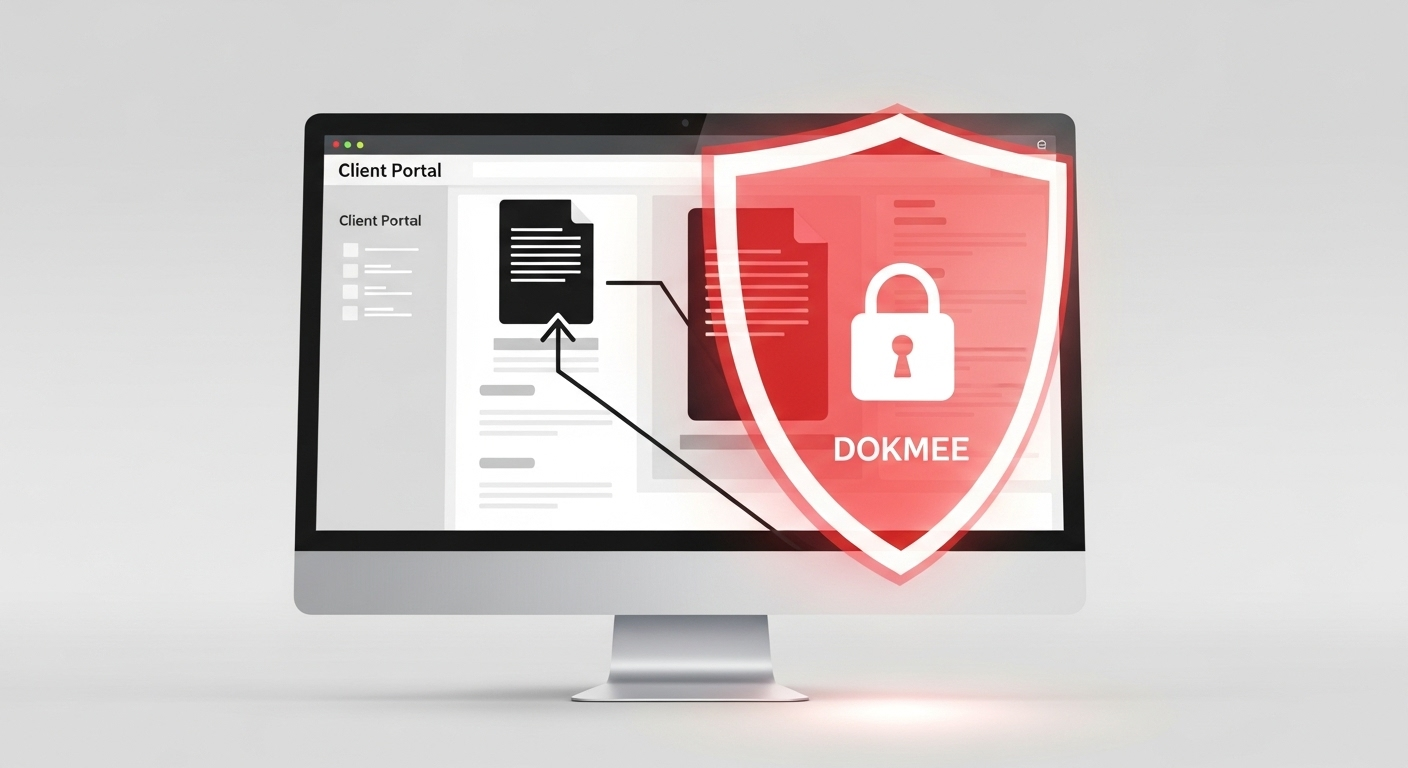 Ilustração de um portal seguro de cliente de um DMS para contadores, mostrando compartilhamento de documentos criptografados e controles de conformidade. (Fonte: Imagen 4)