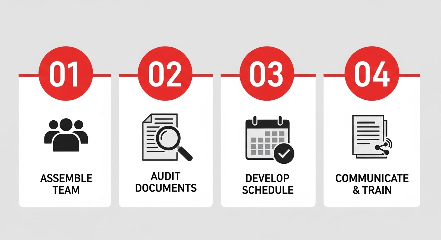 Une infographie présentant les 4 étapes de création d'une politique de conservation des documents : constituer une équipe, auditer les documents, élaborer un calendrier, former.