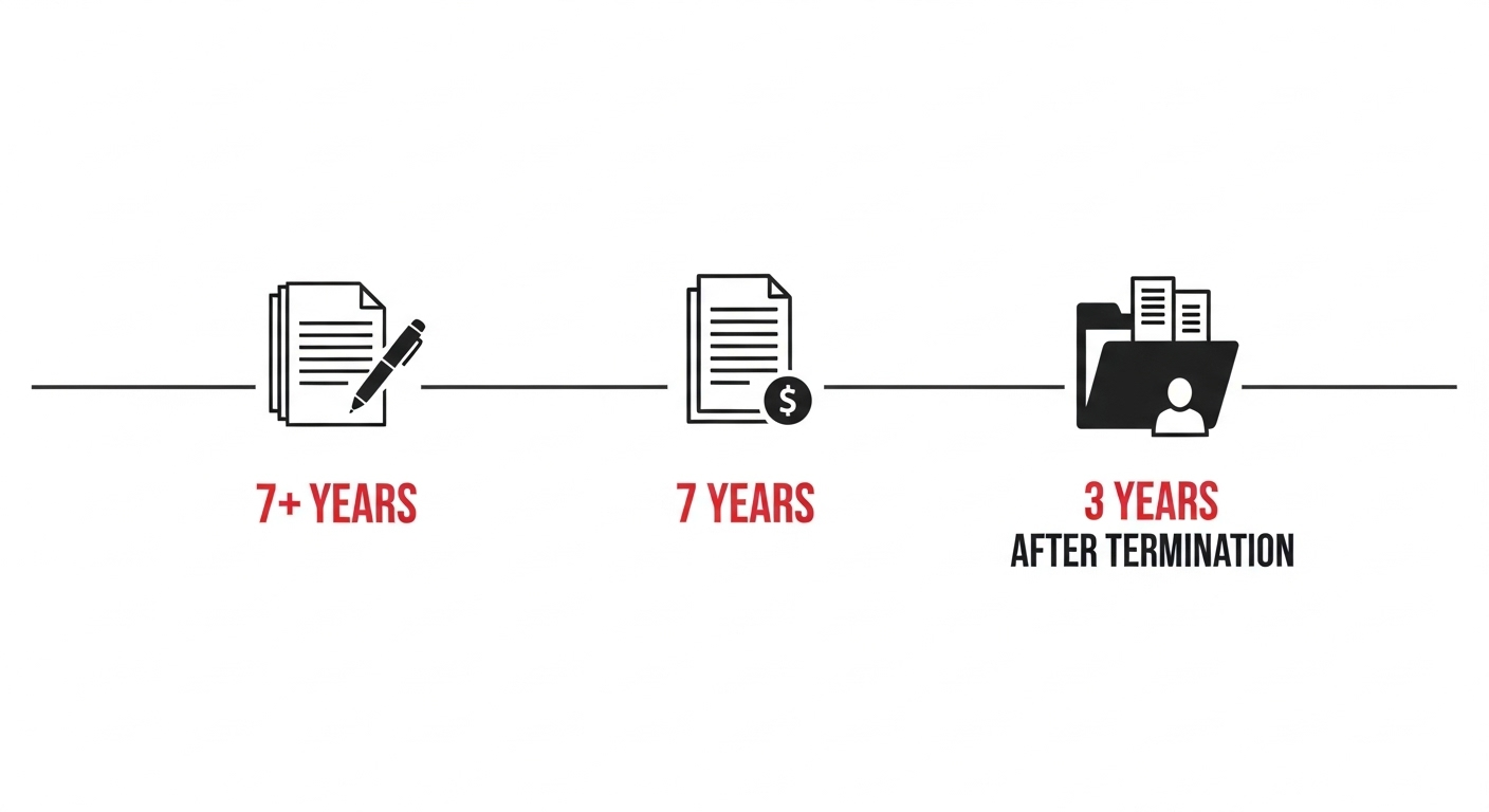Une infographie chronologique montrant les différentes durées de conservation pour les documents-clés de l’entreprise comme les contrats, les factures et les dossiers employés.