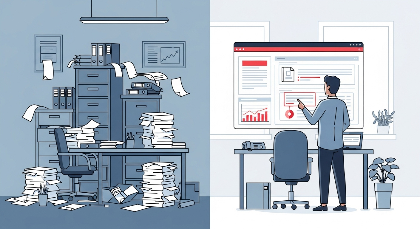 Ilustração comparando o caos do armazenamento físico de documentos com a eficiência e organização de um sistema digital de gestão documental (DMS) (physical-vs-digital-document-storage.jpg)