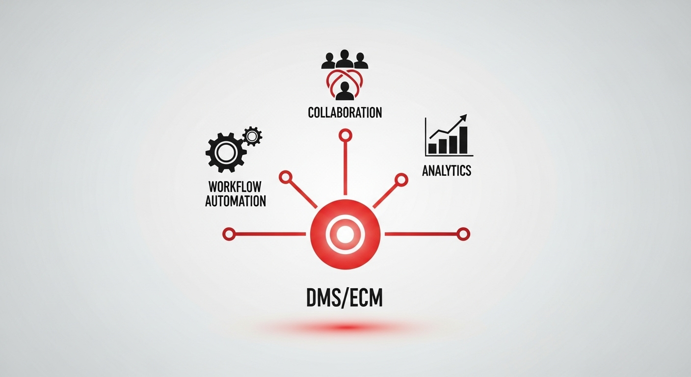 Ilustração vetorial de uma solução ECM escalável, mostrando um hub central Dokmee conectado a funções empresariais como workflow e analytics. (solução-ecm-escalável-de-gestão-documental.jpg)