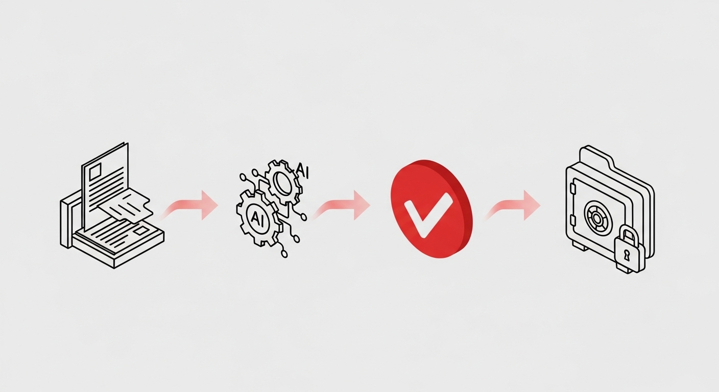 Infográfico ilustrando a automação do fluxo de trabalho em um sistema de gestão de documentos, mostrando o processo da digitalização ao arquivamento seguro. (dms-workflow-automation-infographic.jpg)