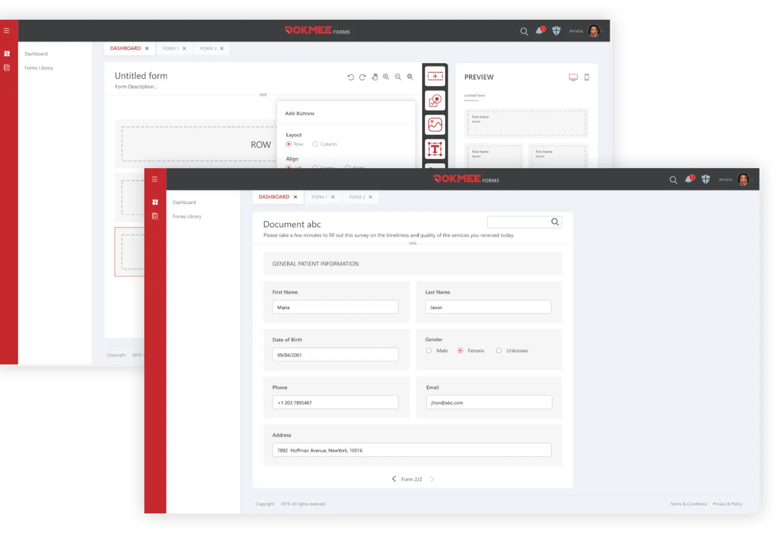 Dokmee Forms electronic form software showing a form builder interface and a completed patient survey form, highlighting customizable fields, layout controls, and workflow-ready data capture for administrative use.