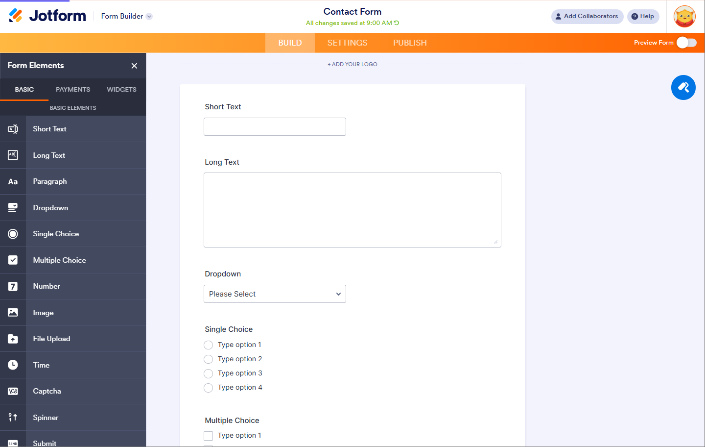 The Jotform electronic form software builder interface displaying a customizable contact form with short text, long text, dropdown, single choice, and multiple choice fields.