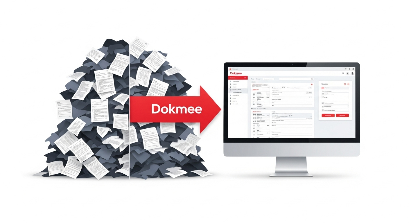 A before-and-after graphic showing how a DMS for accountants transforms chaotic paper files into a clean, organized digital document management system. (Source: Imagen 4)