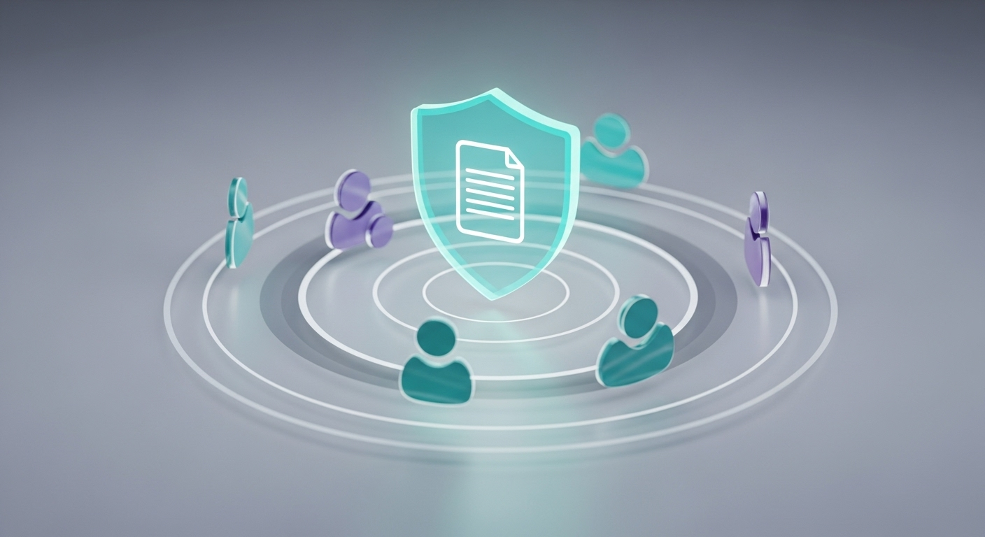 Shield icon overlaid on a document, surrounded by layered rings and diverse user icons, depicting granular security with tiered access control and user-specific permissions. (Source: Imagen 4)